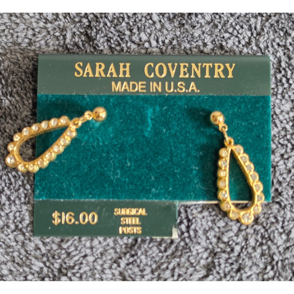 Vtg Sarah Coventry Gold Tone Rhinestone Teardrop Drop Earrings Surgical‎ Steel - Picture 3 of 5